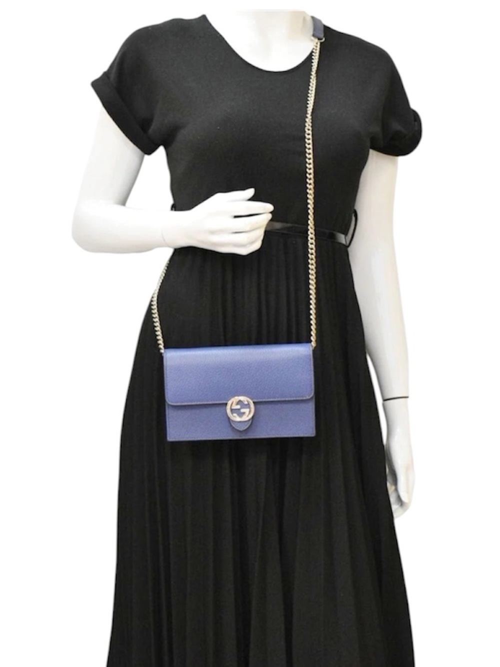 GUCCI Dollar Interlocking G Calfskin Leather Chain Wallet Crossbody Bag Blue - Picture 12 of 12